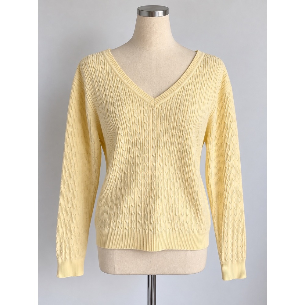 Studio Works Butter Yellow Cable Knit V-Neck Sweater Large Womens